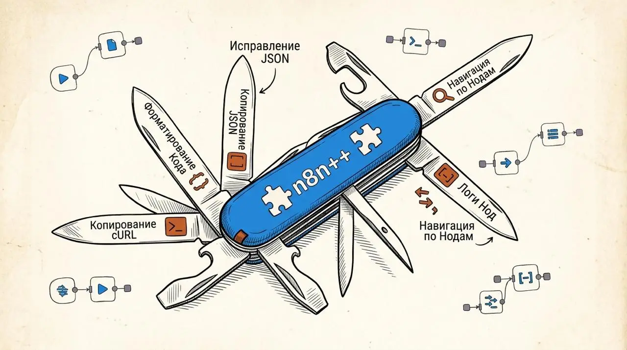 n8n++ multi-tool knife concept visual
